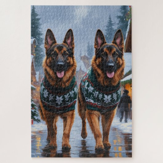 German Shepherd Dogs Christmas Snow Holiday ジグソーパズル (縦)
