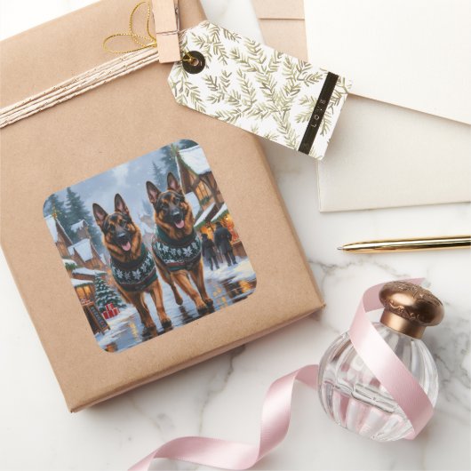 German Shepherd Dogs Christmas Snow Holiday スクエアシール (ギフト)