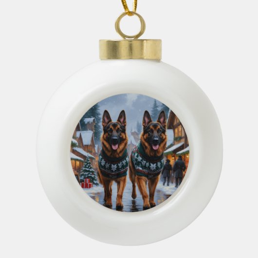 German Shepherd Dogs Christmas Snow Holiday セラミックボールオーナメント (正面)