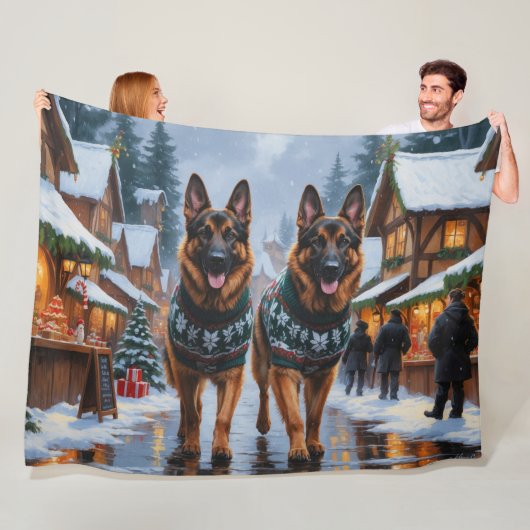 German Shepherd Dogs Christmas Snow Holiday フリースブランケット (インサイチュ)