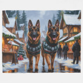 German Shepherd Dogs Christmas Snow Holiday フリースブランケット (正面(横))