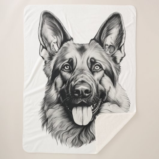 German Shepherd Drawing Portrait Sherpa Blanket シェルパブランケット (正面)