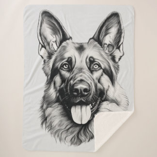 German Shepherd Drawing Portrait Sherpa Blanket シェルパブランケット