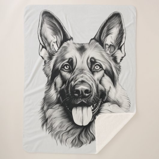German Shepherd Drawing Portrait Sherpa Blanket シェルパブランケット (正面)