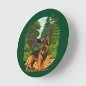 German Shepherd Forest Adventure Dog  ラウンド壁時計 (傾斜)