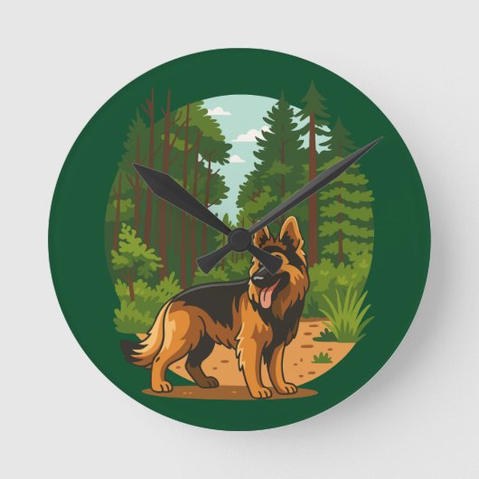 German Shepherd Forest Adventure Dog  ラウンド壁時計 (正面)