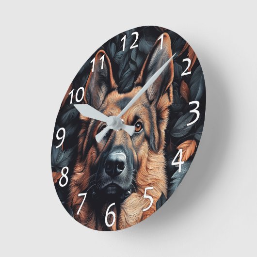 German Shepherd in Leaves ラウンド壁時計 (傾斜)
