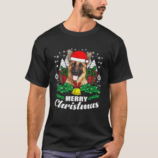 German Shepherd Merry Christmas Dog Tシャツ (正面)