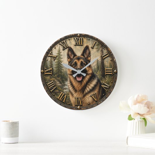 German Shepherd Mountain Forest Rustic ラージ壁時計 (ホーム)