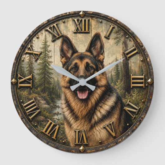 German Shepherd Mountain Forest Rustic ラージ壁時計 (正面)