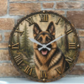 German Shepherd Mountain Forest Rustic ラージ壁時計