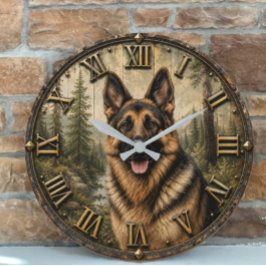 German Shepherd Mountain Forest Rustic ラージ壁時計