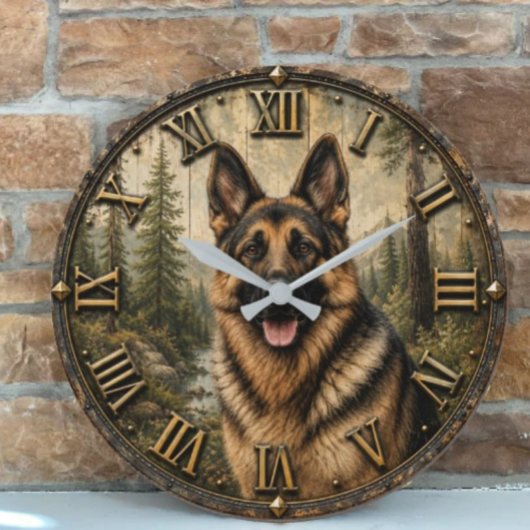 German Shepherd Mountain Forest Rustic ラージ壁時計