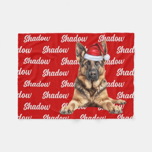 German Shepherd on Red with Name Christmas Dog フリースブランケット (正面(横))