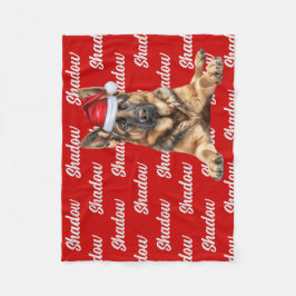 German Shepherd on Red with Name Christmas Dog フリースブランケット