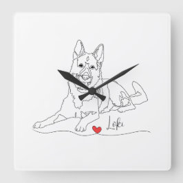 German Shepherd Pet Line Art with Name スクエア壁時計