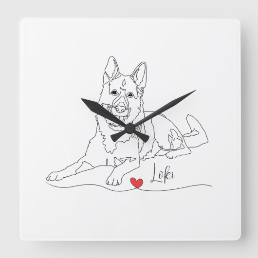 German Shepherd Pet Line Art with Name スクエア壁時計 (正面)