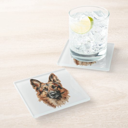 German Shepherd Portrait Glass Coaster | Dog Lover ガラスコースター (アングル)