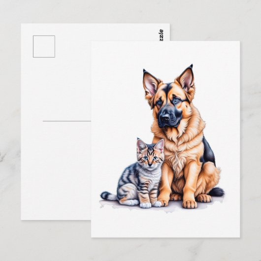 German Shepherd Puppy And Maincoon Kitten ポストカード (正面/裏面)