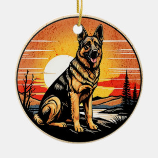 German Shepherd Retro Sunset Dog Lover セラミックオーナメント