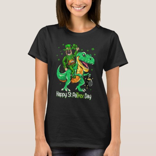 German Shepherd Riding Dinosaur Patricks Day Shamr Tシャツ (正面)