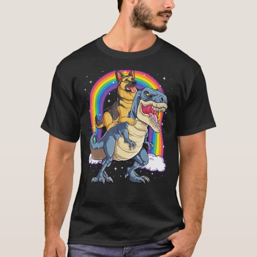 German Shepherd Riding Dinosaur T Rex Boys Kids Ra Tシャツ (正面)