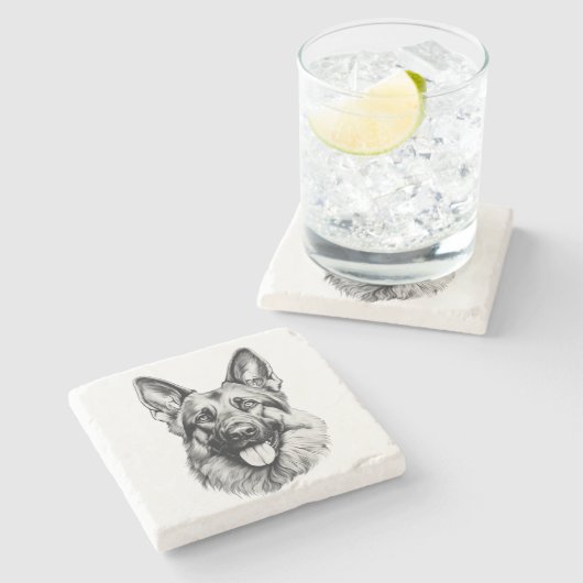 German Shepherd Sketch Stone Coaster | B&W ストーンコースター (横)