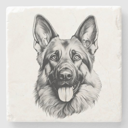 German Shepherd Sketch Stone Coaster | B&W ストーンコースター (正面)