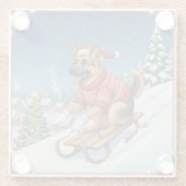 German Shepherd Sledding, Christmas Coaster ガラスコースター (裏面)