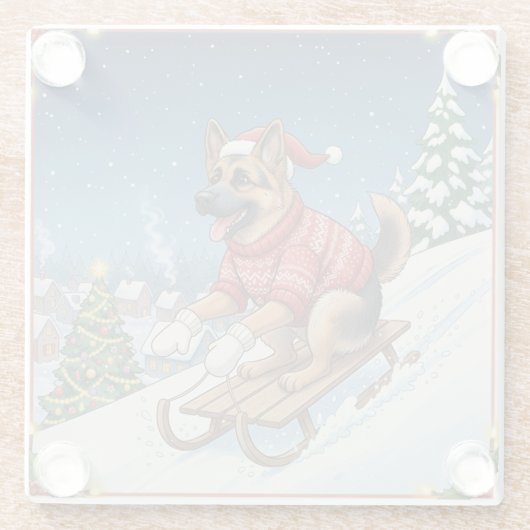 German Shepherd Sledding, Christmas Coaster ガラスコースター (裏面)
