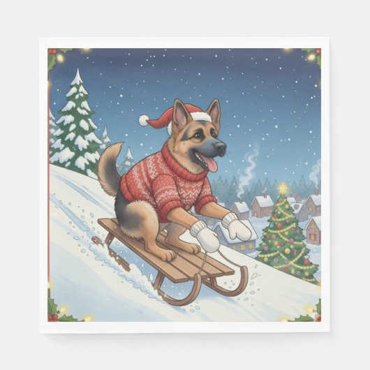 German Shepherd Sledding, Christmas Napkins スタンダードランチョンナプキン (正面)