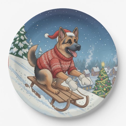 German Shepherd Sledding, Christmas Plates ペーパープレート (正面)