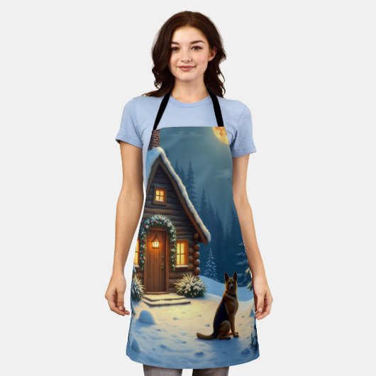 German Shepherd Snowy Forest Cabin Christmas Paint エプロン (着用した状態)