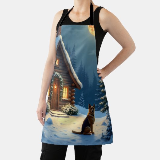 German Shepherd Snowy Forest Cabin Christmas Paint エプロン (インサイチュ)