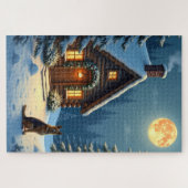 German Shepherd Snowy Forest Cabin Christmas Paint ジグソーパズル (横)