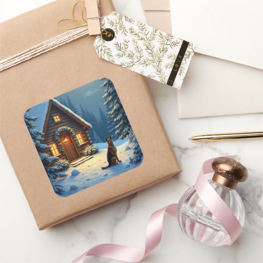 German Shepherd Snowy Forest Cabin Christmas Paint スクエアシール (ギフト)