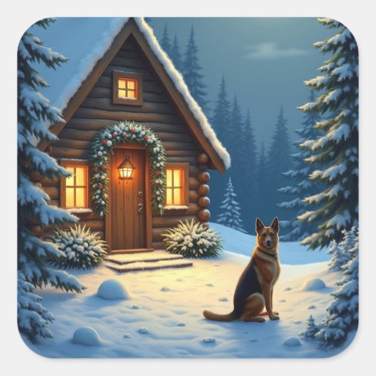 German Shepherd Snowy Forest Cabin Christmas Paint スクエアシール (正面)
