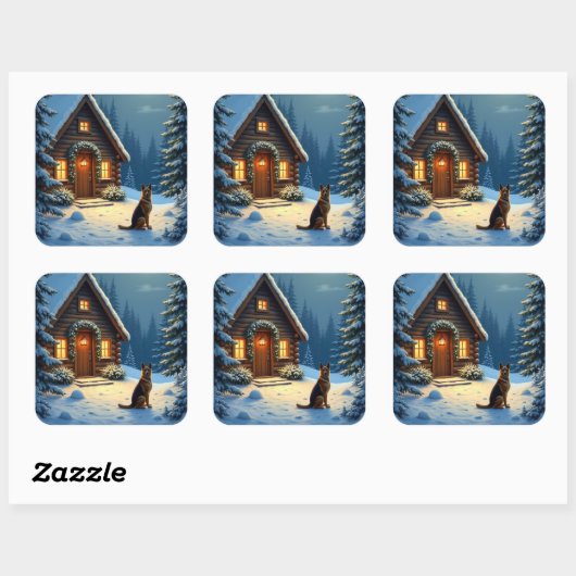 German Shepherd Snowy Forest Cabin Christmas Paint スクエアシール (シート)