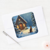 German Shepherd Snowy Forest Cabin Christmas Paint スクエアシール (封筒)