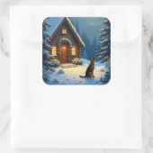 German Shepherd Snowy Forest Cabin Christmas Paint スクエアシール (バッグ)