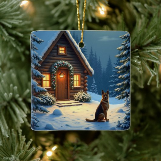 German Shepherd Snowy Forest Cabin Christmas Paint セラミックオーナメント (ツリー)