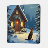 German Shepherd Snowy Forest Cabin Christmas Paint セラミックオーナメント (左)