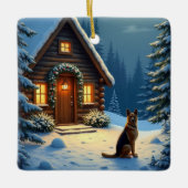 German Shepherd Snowy Forest Cabin Christmas Paint セラミックオーナメント (正面)