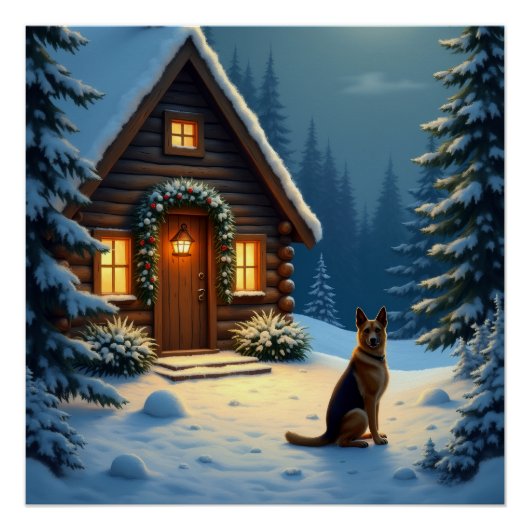 German Shepherd Snowy Forest Cabin Christmas Paint ポスター (正面)
