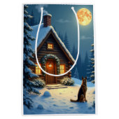 German Shepherd Snowy Forest Cabin Christmas Paint ミディアムペーパーバッグ (正面)