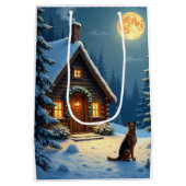 German Shepherd Snowy Forest Cabin Christmas Paint ミディアムペーパーバッグ (裏面)