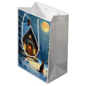 German Shepherd Snowy Forest Cabin Christmas Paint ミディアムペーパーバッグ (裏面アングル)