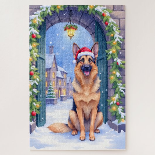 German Shepherd Snowy Town Gate Santa Christmas ジグソーパズル (縦)