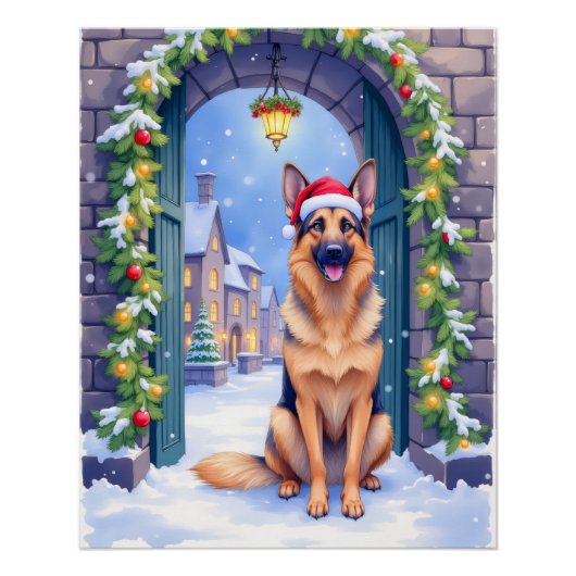 German Shepherd Snowy Town Gate Santa Christmas ポスター (正面)