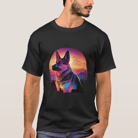 German Shepherd Synthwave 80s Retrowave Aesthetic Tシャツ (正面)
